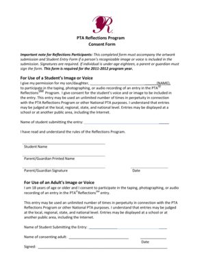 PTA Reflections Program Consent Form
