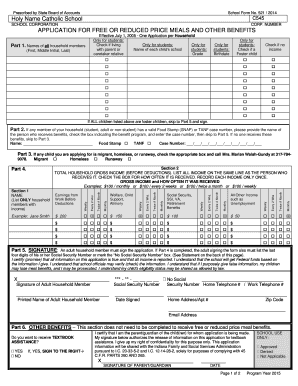 School Form 521 Application for Free or Reduced Price Meals