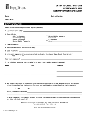 Entity Information Certification and Indemnification Agreement