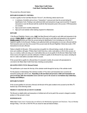 Maine State Credit Union Cash Back Checking Disclosure