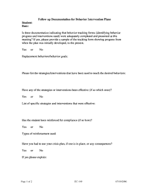 Behavior Intervention Plan Follow-Up Form
