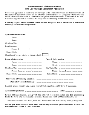 Massachusetts One-Day Marriage Designation Application