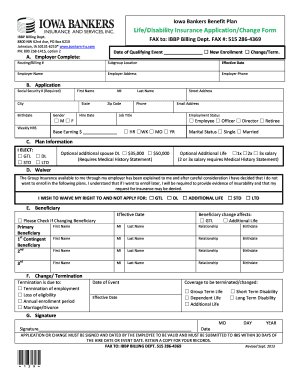 Iowa Bankers Benefit Plan Life/Disability Insurance Application/Change Form
