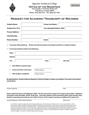 Ogeechee Technical College Academic Transcript Request Form