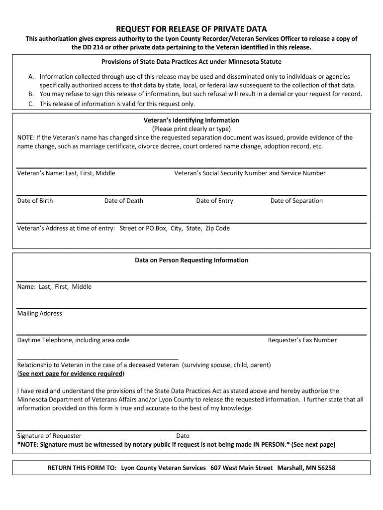 Fillable online dd214 request lyon county fax email print pdffiller