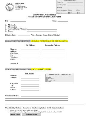 Orono Public Utilities Account Change of Status Form