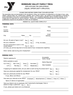 Missouri Valley Family YMCA Employment Application