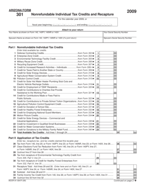 Arizona Form 301 Nonrefundable Individual Tax Credits