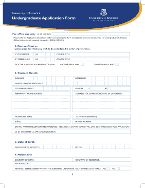 University of Limerick Undergraduate Application Form