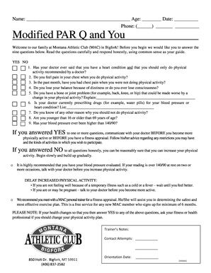 Montana Athletic Club PAR Q Health Questionnaire
