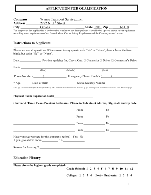 Motor Carrier Driver Application Form