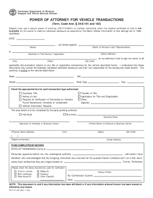 Tennessee Power of Attorney for Vehicle Transactions