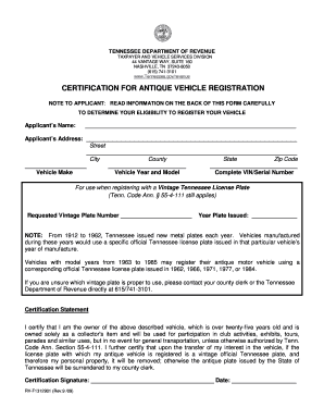 Tennessee Antique Vehicle Registration Certification