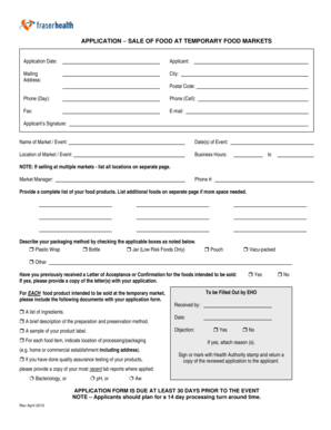 Application for Sale of Food at Temporary Markets