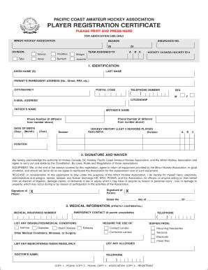 Pacific Coast Amateur Hockey Association Player Registration Certificate