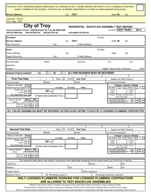 Michigan Residential Backflow Assembly Test Report