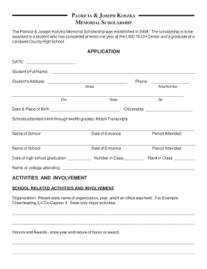 Patricia & Joseph Koszka Memorial Scholarship Application