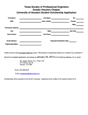 Fillable Online petro egr uh UH Scholarship Application Form 2015.xls Fax Email Print - pdfFiller