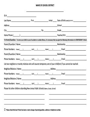 New Jersey Public Schools Emergency Contact Form