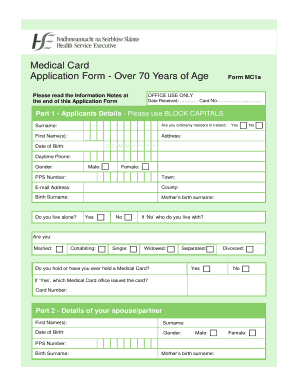 Medical Card Application Form Over 70 Years