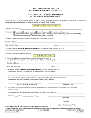 North Carolina Statement of Change of Registered Office and/or Registered Agent