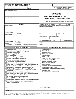 North Carolina Civil Action Cover Sheet