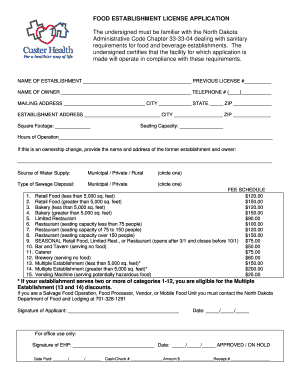 North Dakota Food Establishment License Application