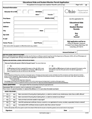 Ohio Educational Aide and Student Monitor Permit Application