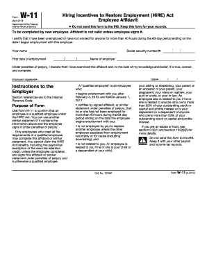 Form W-11 Hiring Incentives to Restore Employment (HIRE) Act Employee Affidavit