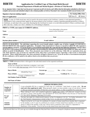 Maryland Birth Record Application