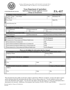 Texas Pesticide Applicator License Change Form