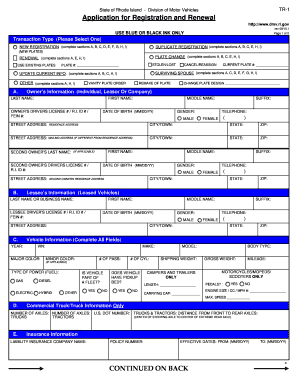 Rhode Island TR-1 Vehicle Registration Application