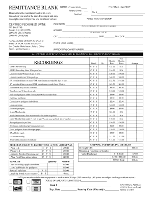 Remittance Blank for Certified Pedigreed Swine
