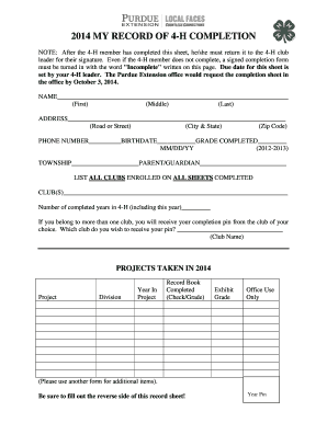 4-H Completion Record Form