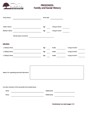 PRESCHOOL Family and Social History - foothilloaksacademy