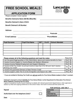 Free School Meals Application Form