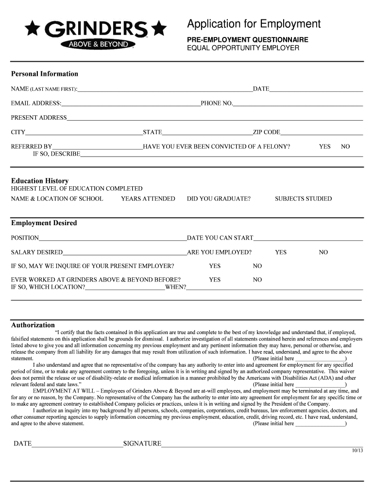 Fillable Online grinders To Download Our Printable Application
