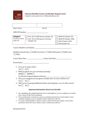 Veterans Benefits Course Certification Request Form