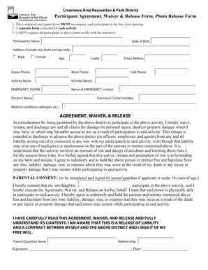 Livermore Recreation Activity Waiver and Photo Release Form