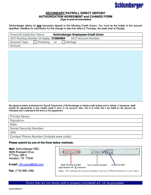 Secondary Payroll Direct Deposit Authorization Agreement