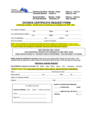 Utah Divorce Certificate Request Form