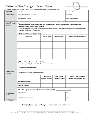 Cafeteria Plan Change of Status Form