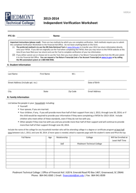 2013-2014 Independent Verification Worksheet