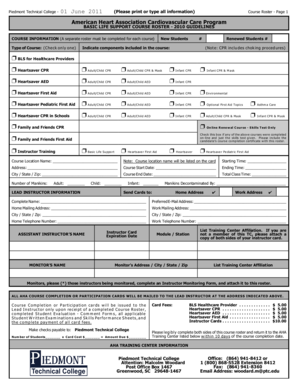 American Heart Association Basic Life Support Course Roster