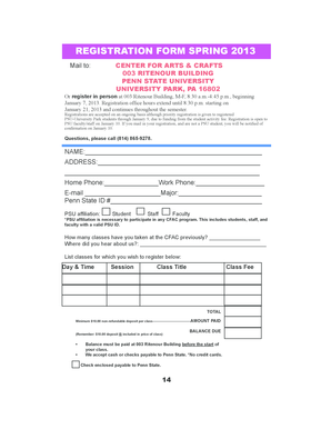 Penn State Arts and Crafts Registration Form