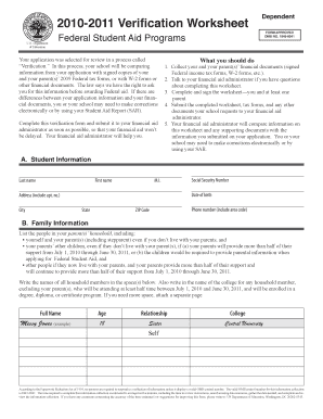 2010-2011 Verification Worksheet Dependent