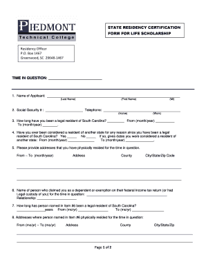 State Residency Certification Form for Life Scholarship