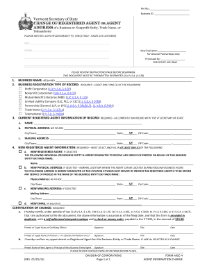 Vermont Change of Registered Agent Form