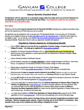 Veteran Benefits Checklist Sheet