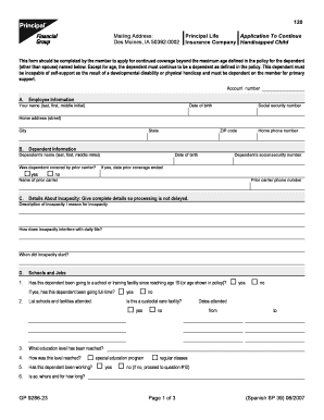 Principal Life Application to Continue Insurance for Handicapped Child